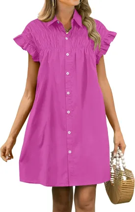 ANRABESS Womens Summer Button Down Shirt Dress Ruffle Short Sleeve Mini Dresses Loose Fit Casual Sundress with Pockets