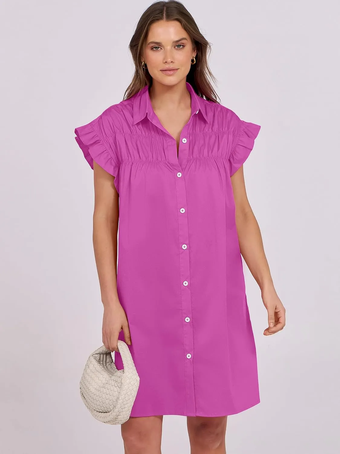 ANRABESS Womens Summer Button Down Shirt Dress Ruffle Short Sleeve Mini Dresses Loose Fit Casual Sundress with Pockets