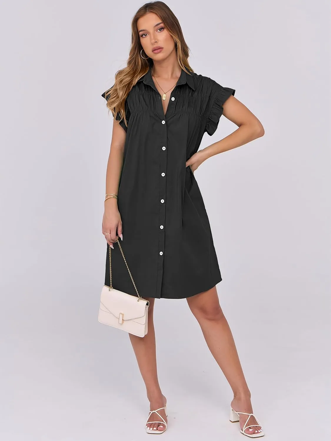 ANRABESS Womens Summer Button Down Shirt Dress Ruffle Short Sleeve Mini Dresses Loose Fit Casual Sundress with Pockets