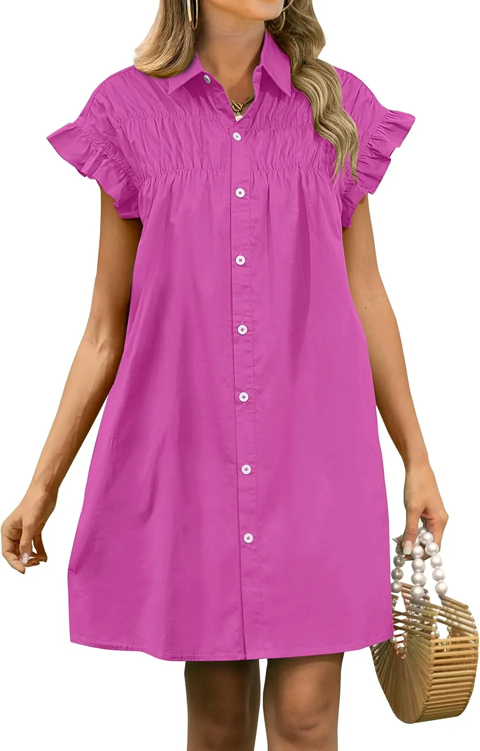 ANRABESS Womens Summer Button Down Shirt Dress Ruffle Short Sleeve Mini Dresses Loose Fit Casual Sundress with Pockets
