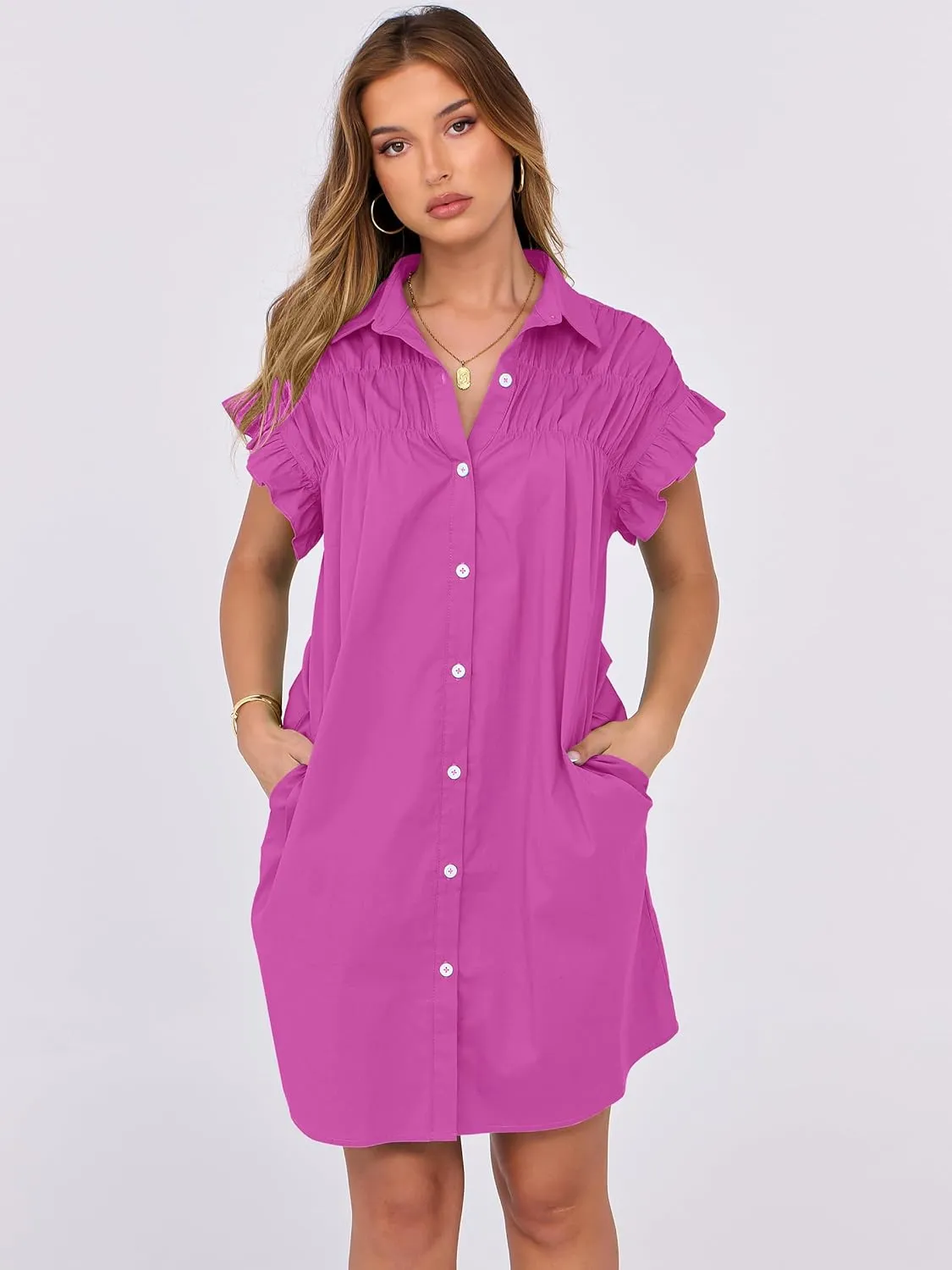 ANRABESS Womens Summer Button Down Shirt Dress Ruffle Short Sleeve Mini Dresses Loose Fit Casual Sundress with Pockets