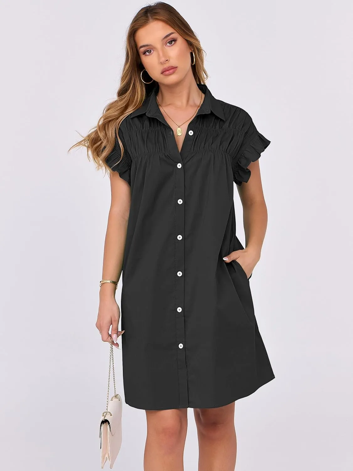 ANRABESS Womens Summer Button Down Shirt Dress Ruffle Short Sleeve Mini Dresses Loose Fit Casual Sundress with Pockets