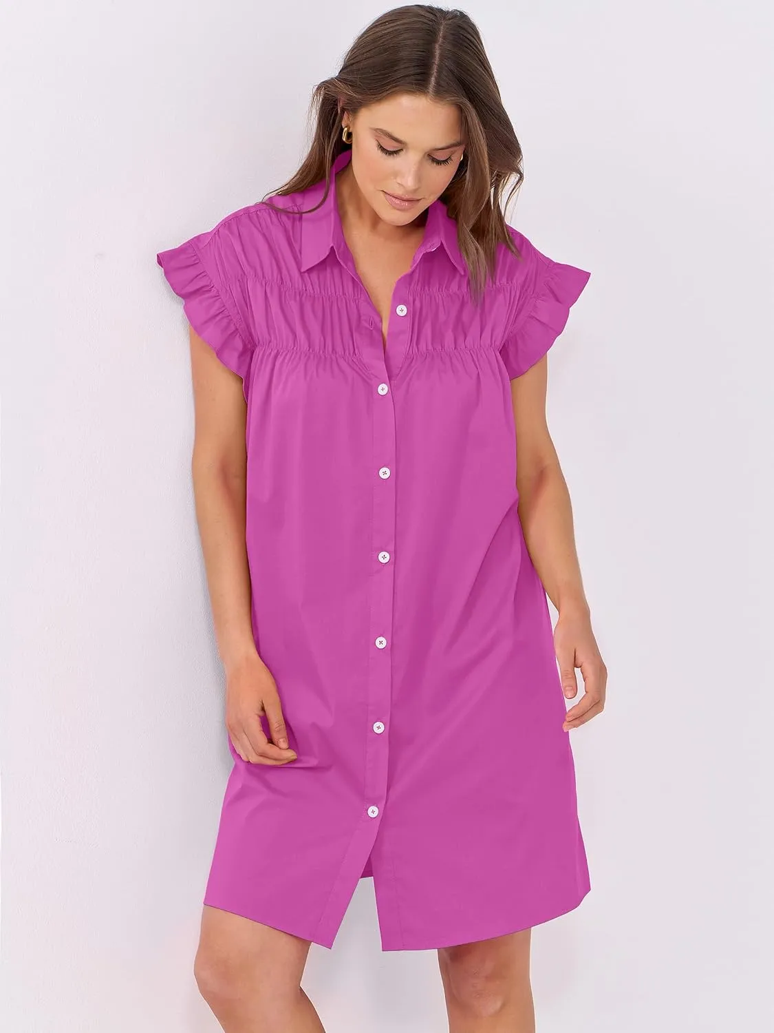 ANRABESS Womens Summer Button Down Shirt Dress Ruffle Short Sleeve Mini Dresses Loose Fit Casual Sundress with Pockets