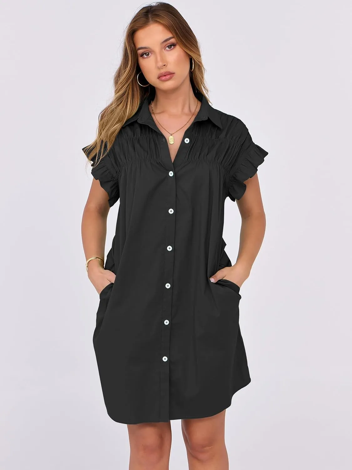 ANRABESS Womens Summer Button Down Shirt Dress Ruffle Short Sleeve Mini Dresses Loose Fit Casual Sundress with Pockets