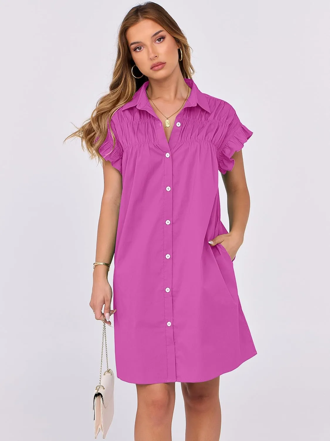 ANRABESS Womens Summer Button Down Shirt Dress Ruffle Short Sleeve Mini Dresses Loose Fit Casual Sundress with Pockets