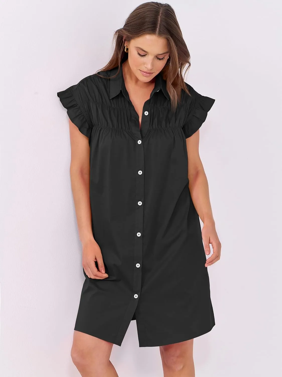 ANRABESS Womens Summer Button Down Shirt Dress Ruffle Short Sleeve Mini Dresses Loose Fit Casual Sundress with Pockets