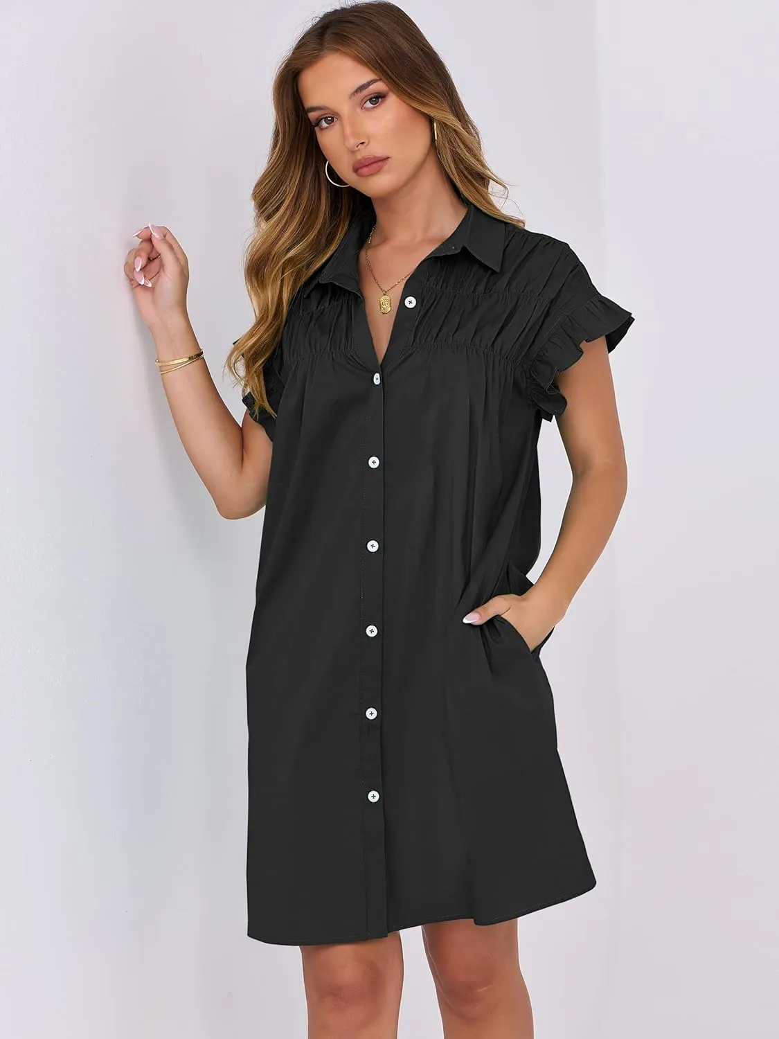 ANRABESS Womens Summer Button Down Shirt Dress Ruffle Short Sleeve Mini Dresses Loose Fit Casual Sundress with Pockets