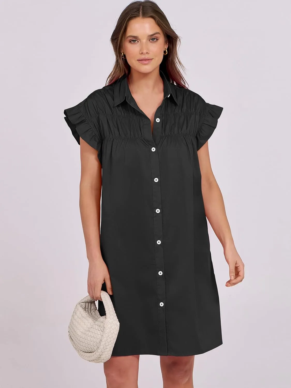 ANRABESS Womens Summer Button Down Shirt Dress Ruffle Short Sleeve Mini Dresses Loose Fit Casual Sundress with Pockets
