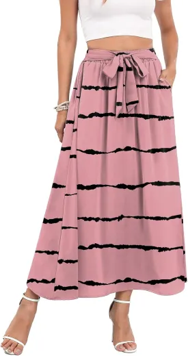 Askyes Womens Maxi Skirt Summer Trendy Tie Knot Elastic High Waisted Boho Casual Beach Flowy Swing Long Skirts with Pockets