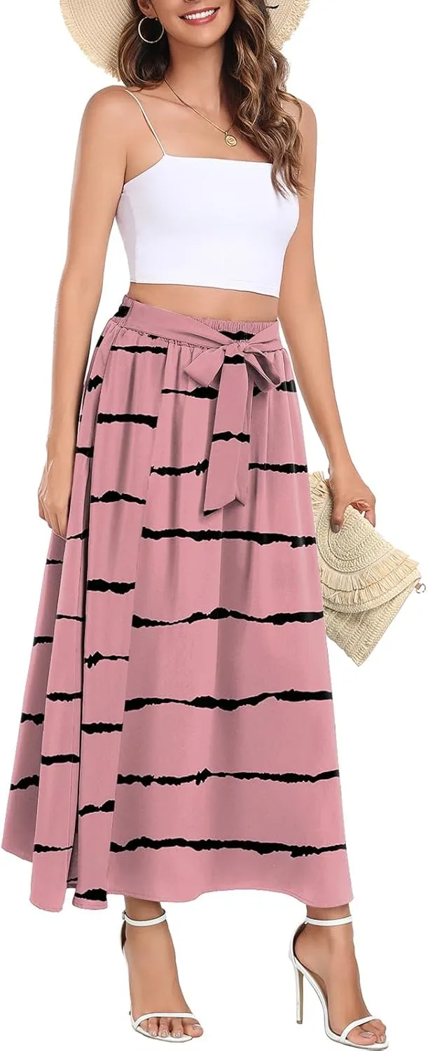 Askyes Womens Maxi Skirt Summer Trendy Tie Knot Elastic High Waisted Boho Casual Beach Flowy Swing Long Skirts with Pockets