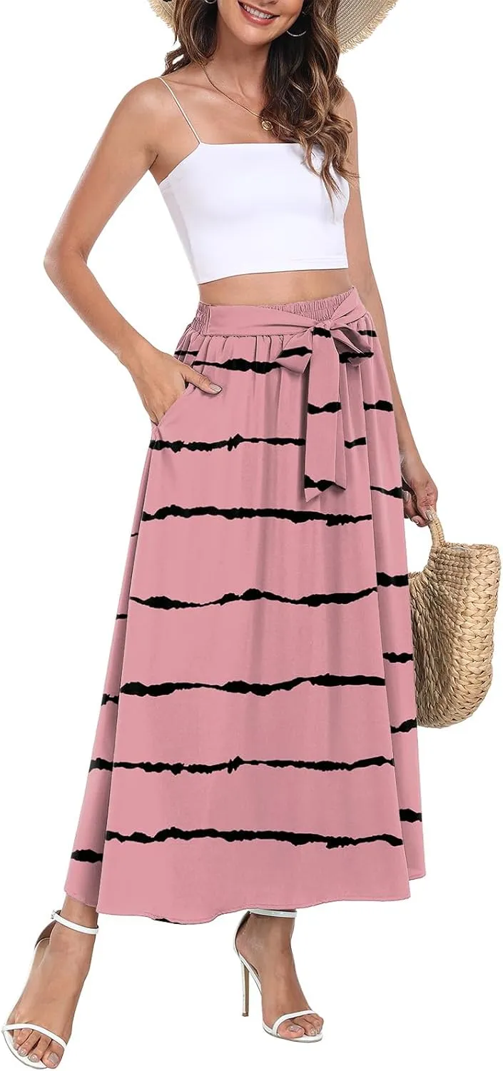 Askyes Womens Maxi Skirt Summer Trendy Tie Knot Elastic High Waisted Boho Casual Beach Flowy Swing Long Skirts with Pockets