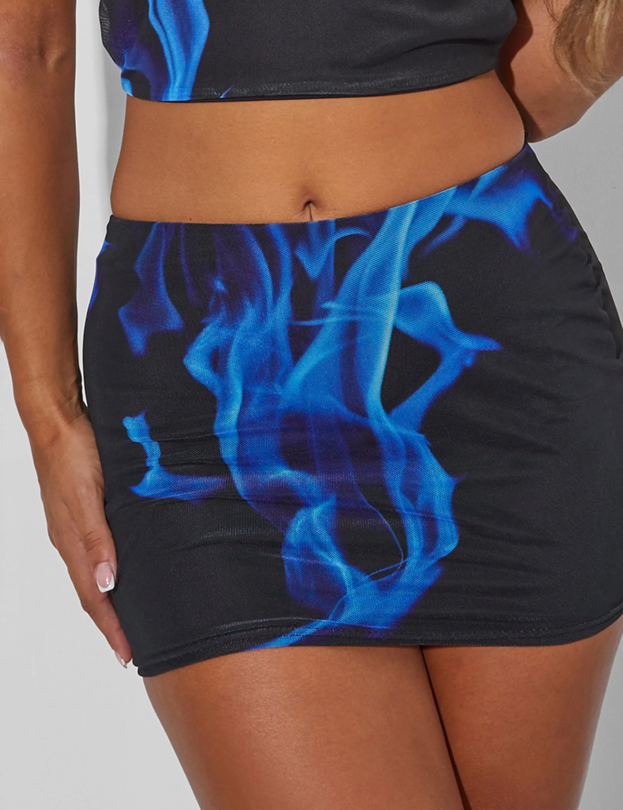 Blue Flame Print Mini Skirt Co Ord Black