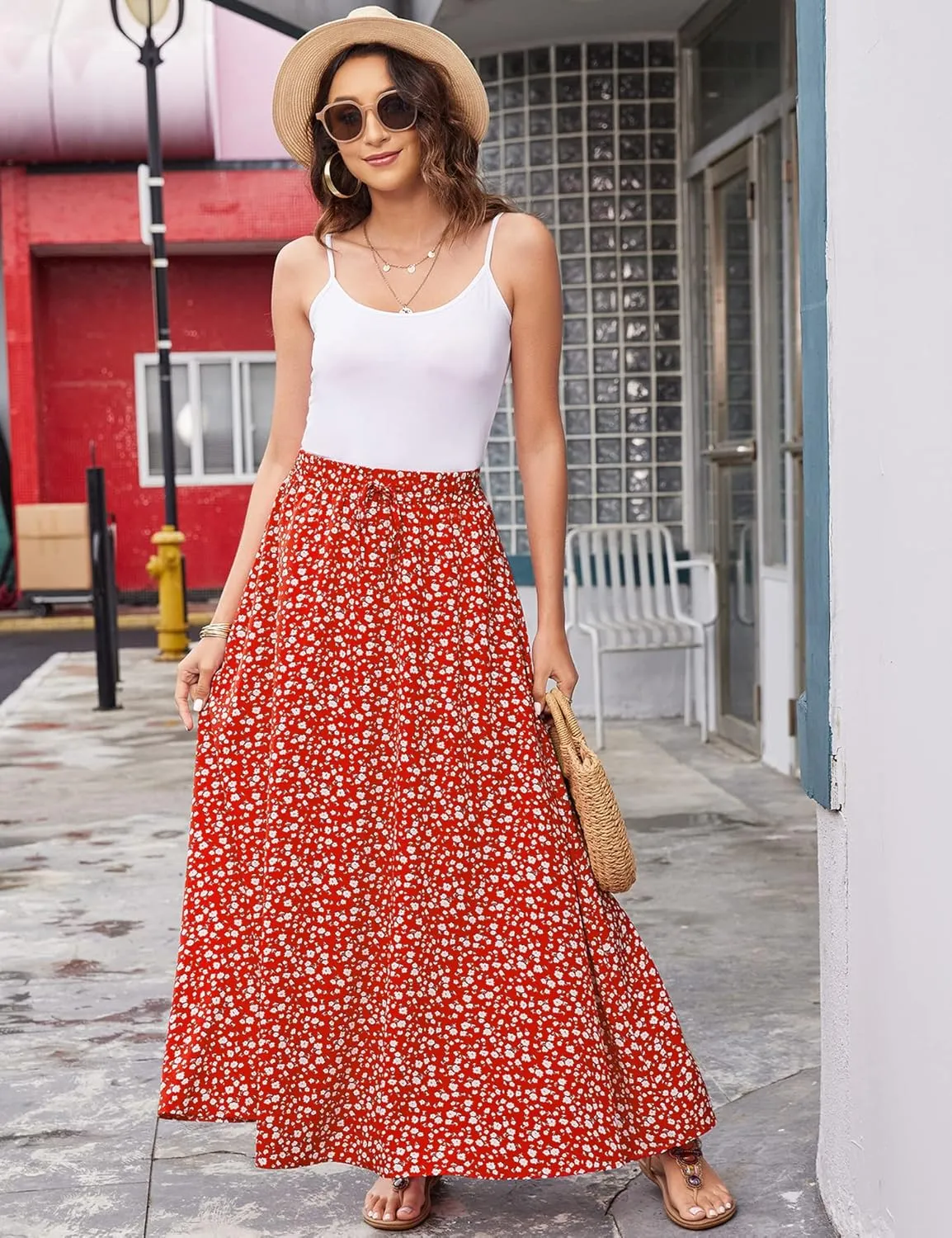 Bluetime Women Flowy Long Skirts Summer Beach Pleated Elastic High Waisted Casual Maxi Skirts