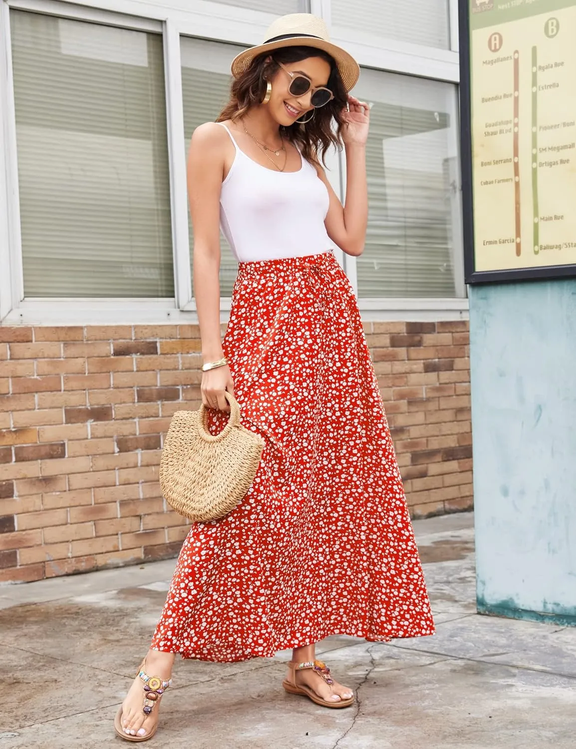 Bluetime Women Flowy Long Skirts Summer Beach Pleated Elastic High Waisted Casual Maxi Skirts
