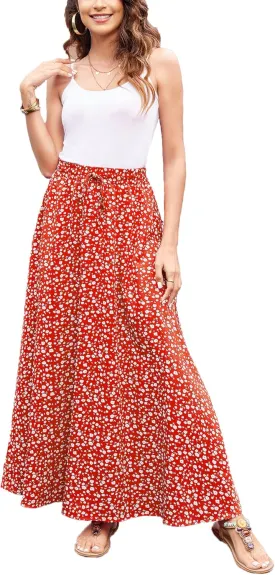 Bluetime Women Flowy Long Skirts Summer Beach Pleated Elastic High Waisted Casual Maxi Skirts