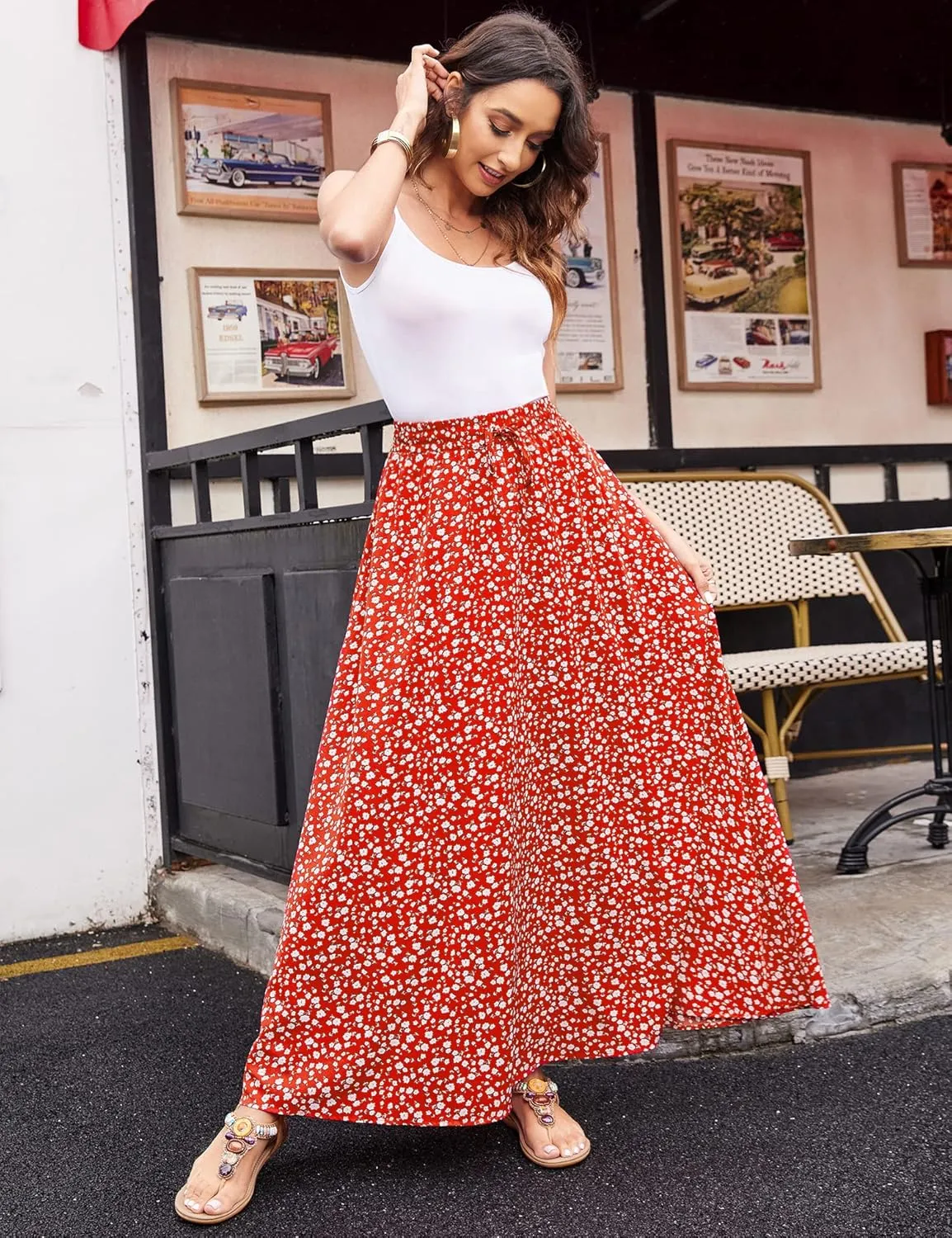Bluetime Women Flowy Long Skirts Summer Beach Pleated Elastic High Waisted Casual Maxi Skirts