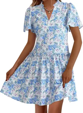 BTFBM Women Summer Dresses 2025 Short Sleeve V Neck Tiered Ruffle Boho Swing Dress A-Line Floral Mini Dresses