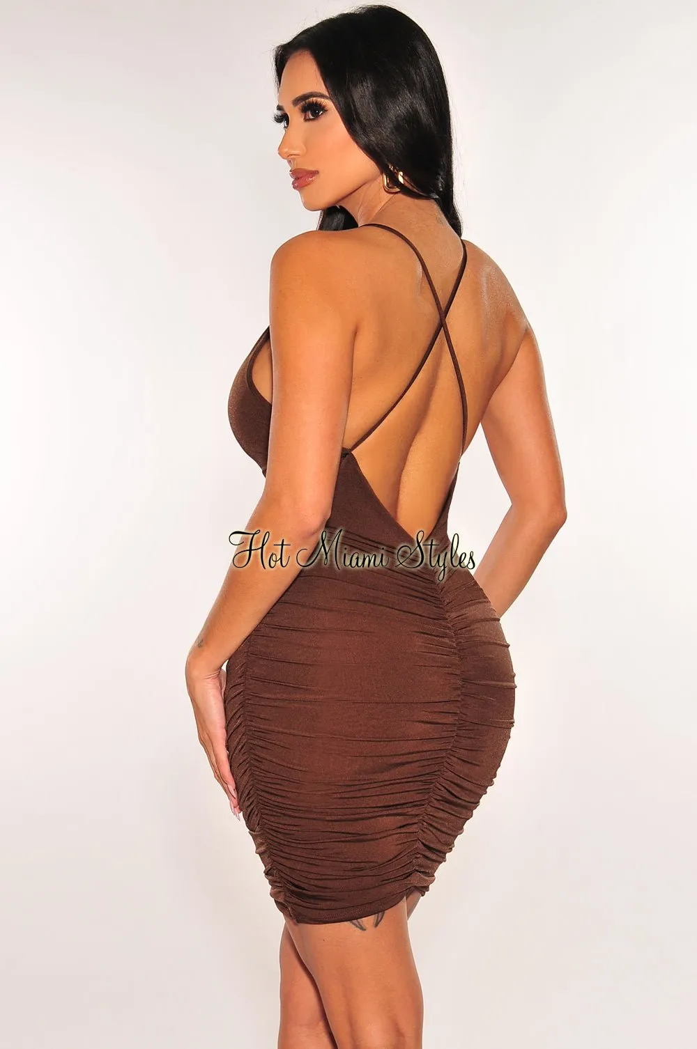 Chocolate Spaghetti Straps Criss Cross Back Ruched Dress