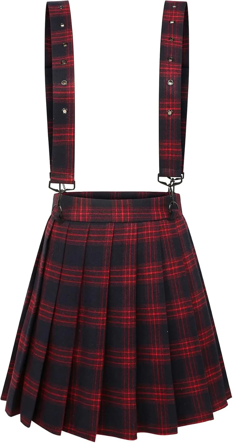 chouyatou Women's Cool Sweet A-Line Decorative Strap Plaid Pleated Mini Skirt