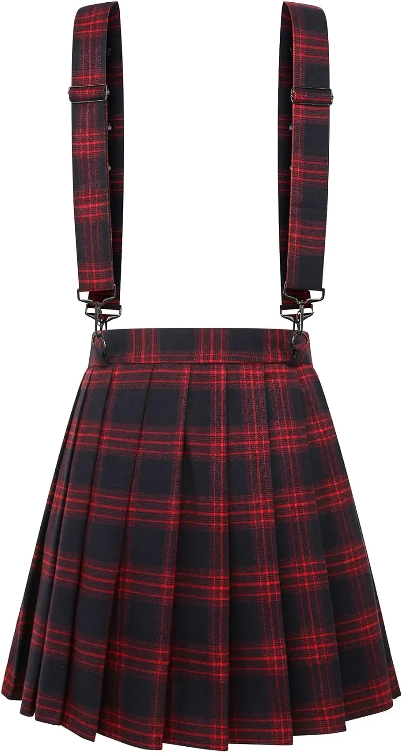 chouyatou Women's Cool Sweet A-Line Decorative Strap Plaid Pleated Mini Skirt