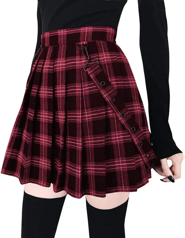 chouyatou Women's Cool Sweet A-Line Decorative Strap Plaid Pleated Mini Skirt
