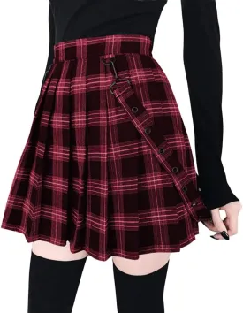 chouyatou Women's Cool Sweet A-Line Decorative Strap Plaid Pleated Mini Skirt