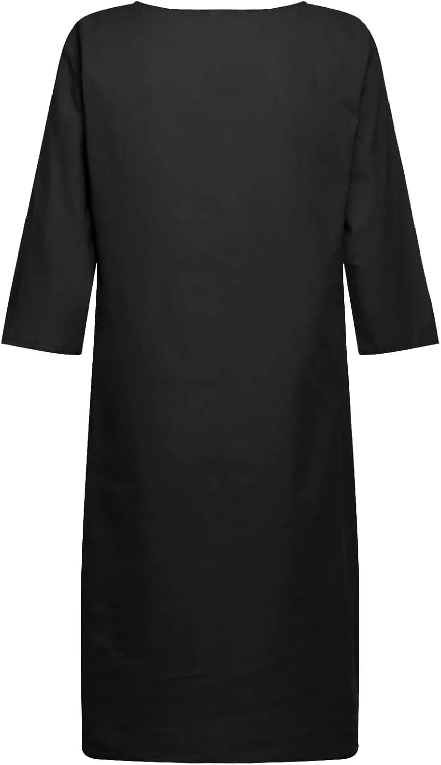 Cotton Linen Dresses for Women 2024 Spring Summer Elegant V Neck 3/4 Sleeve Midi Casual Plain Beach Shirt Dress