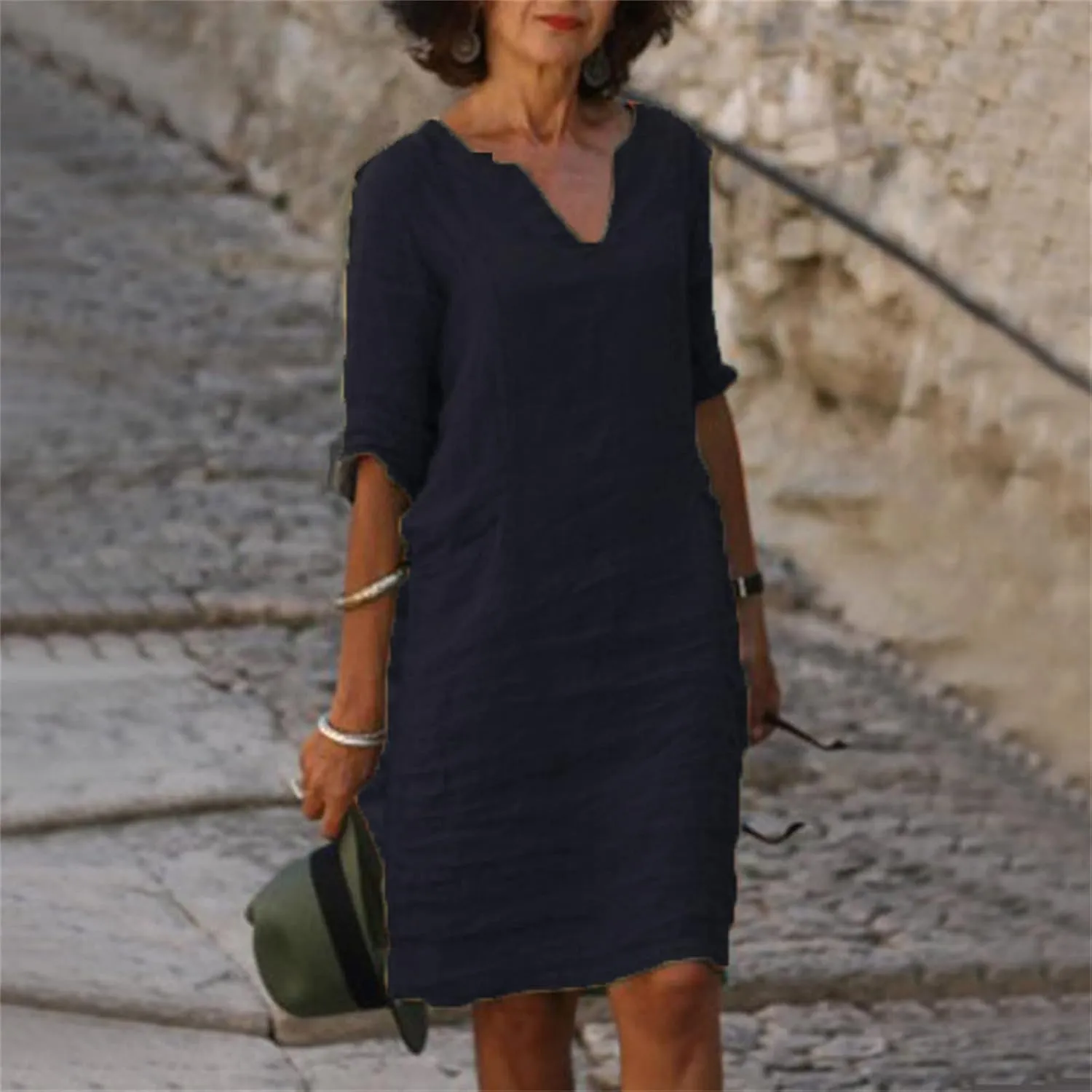 Cotton Linen Dresses for Women 2024 Spring Summer Elegant V Neck 3/4 Sleeve Midi Casual Plain Beach Shirt Dress