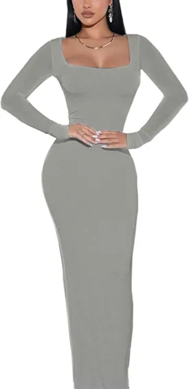 Doweha Women's Square Neck Long Sleeve Maxi Dress Sexy Knit Bodycon Long Dress for Women