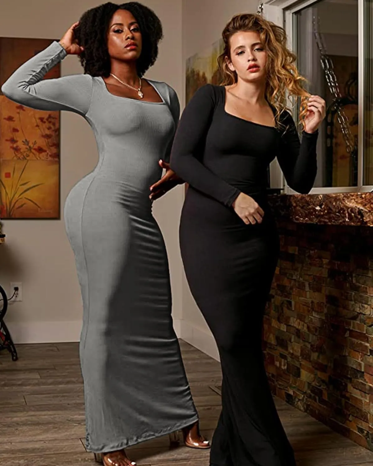 Doweha Women's Square Neck Long Sleeve Maxi Dress Sexy Knit Bodycon Long Dress for Women