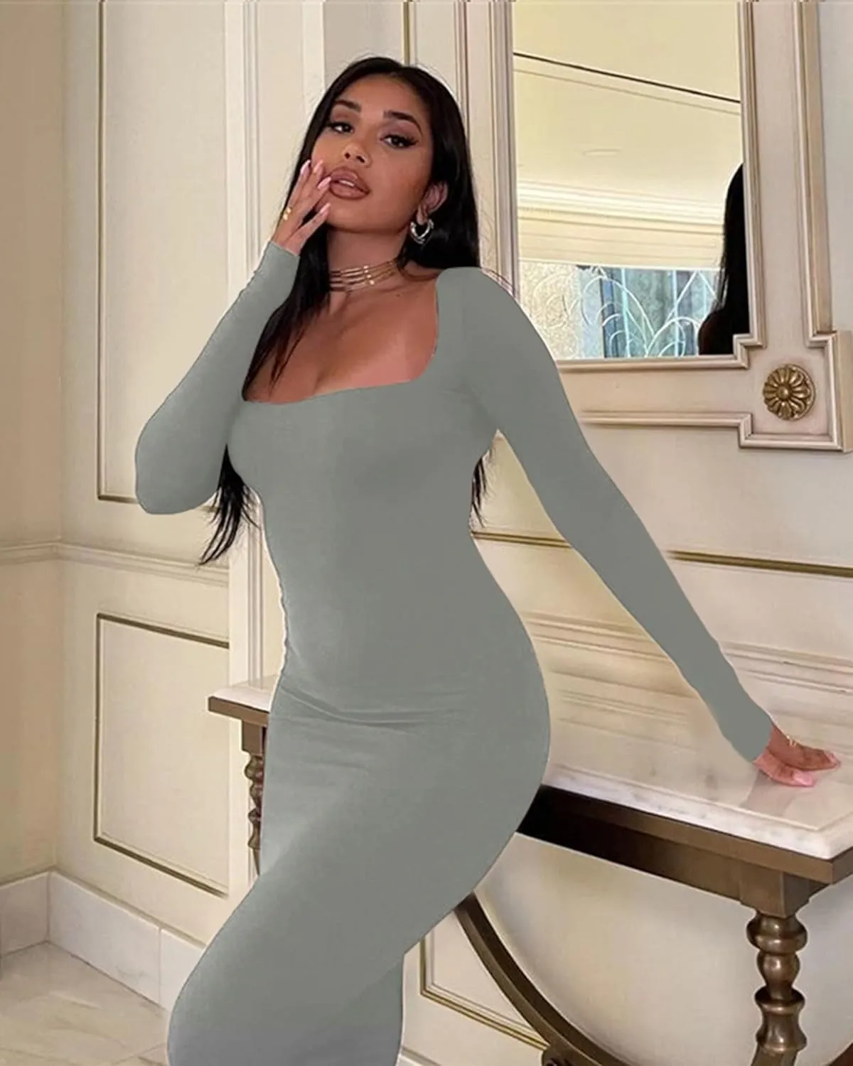 Doweha Women's Square Neck Long Sleeve Maxi Dress Sexy Knit Bodycon Long Dress for Women