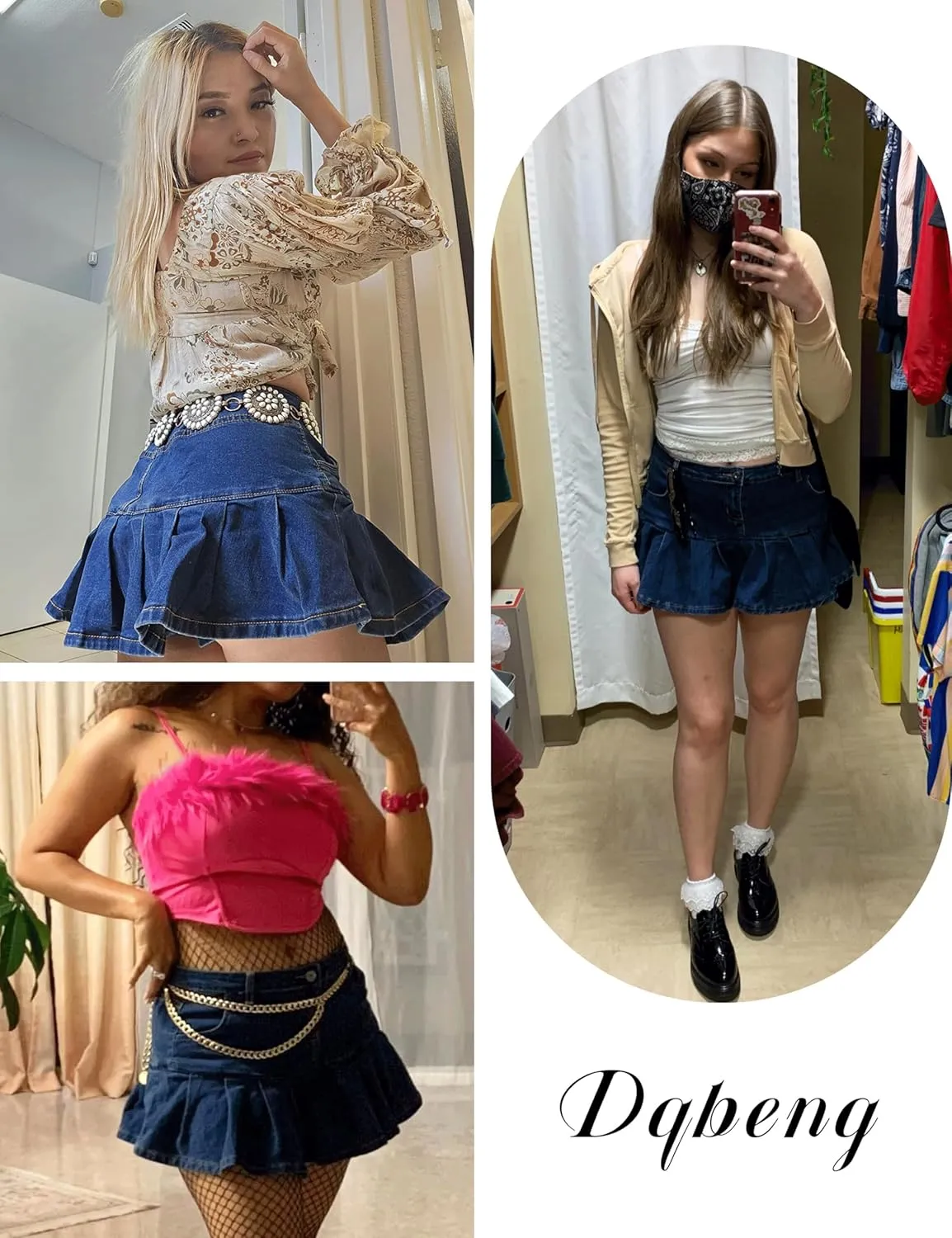 Dqbeng Women's A Line Denim Ruffle Skirt Y2K Pleated Mini Jean Skirts with Pockets