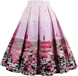 Dressever Women's Vintage A-line Printed Pleated Flared Midi Skirts