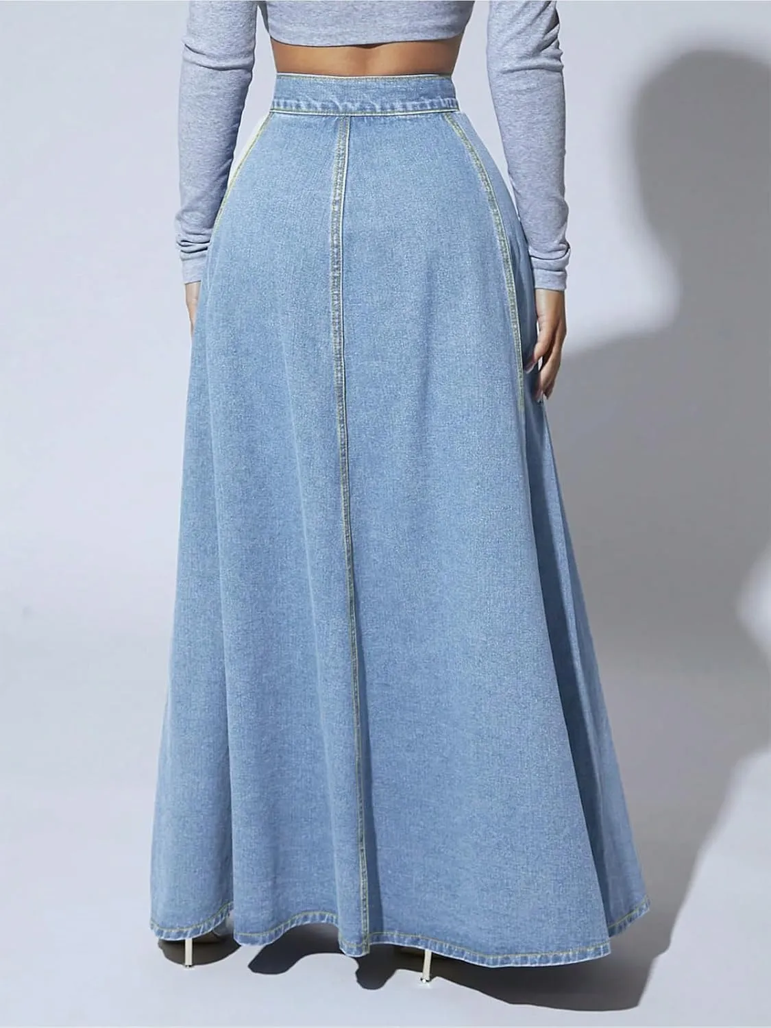 ebossy Women's Retro High Waisted Button Fly Flared Long Jean Skirts Pleated Flowy Swing A-line Denim Maxi Skirts
