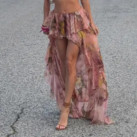 Fashion Boho Holidays Chiffon Maxi Skirt Female Folds Flowers Printing Sexy Summer Skirts Party Outfits Tierred Hot
