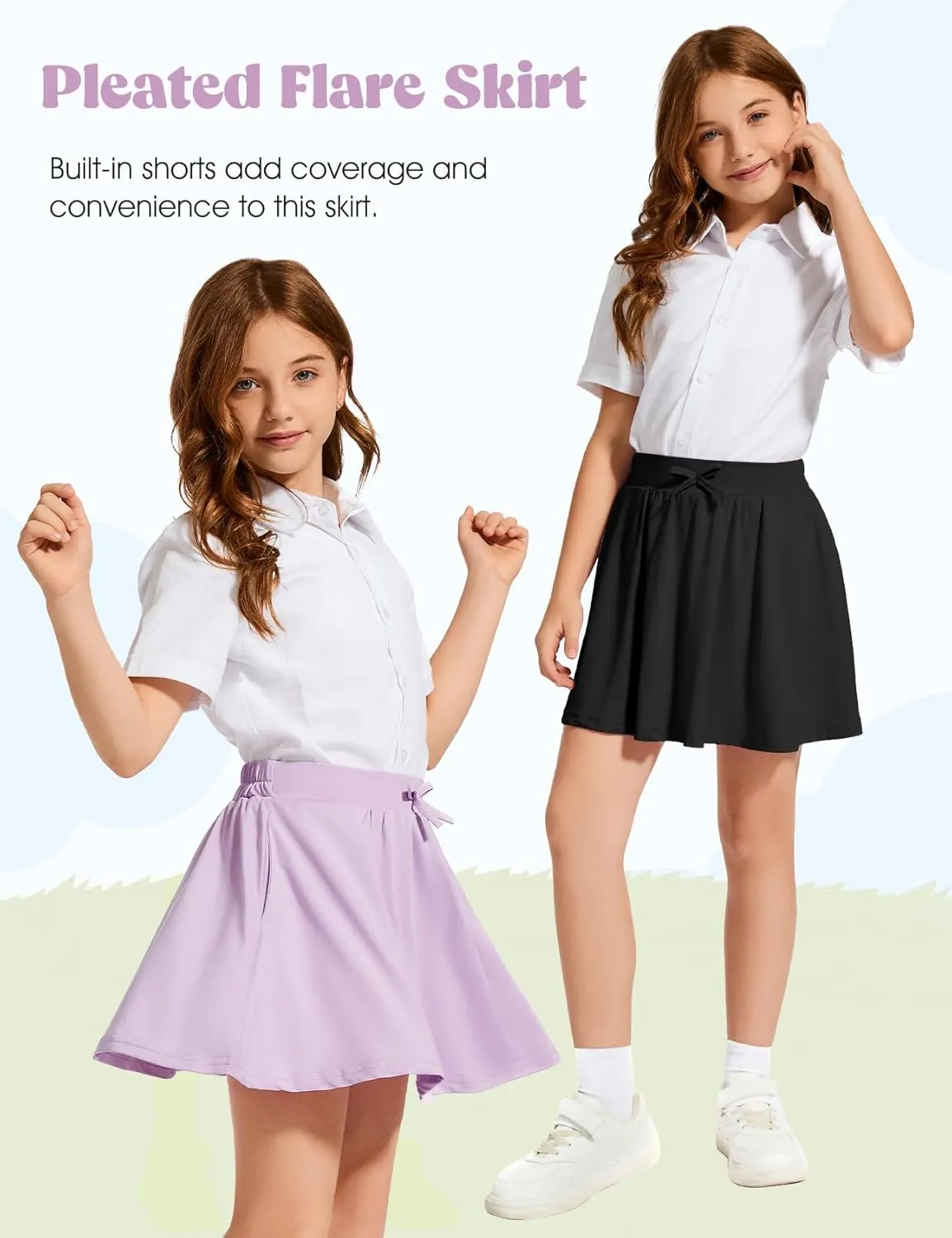 Flygo 2 Pack Girls Skirts Mini Skorts Pleated Flare High Waist Athletic Tennis Uniform Skirt Built in Shorts with Pockets