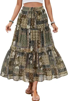 Gardenwed Womens Summer Casual Bohemian Skirt Vacation Sun Beach Floral Print High Waist Long Flowy Chiffon Skirts