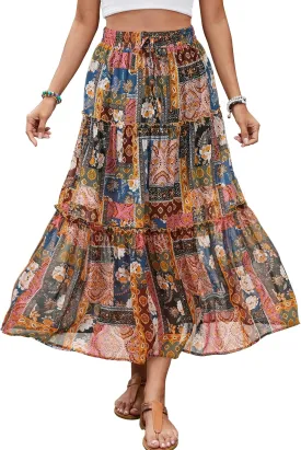 Gardenwed Womens Summer Casual Bohemian Skirt Vacation Sun Beach Floral Print High Waist Long Flowy Chiffon Skirts