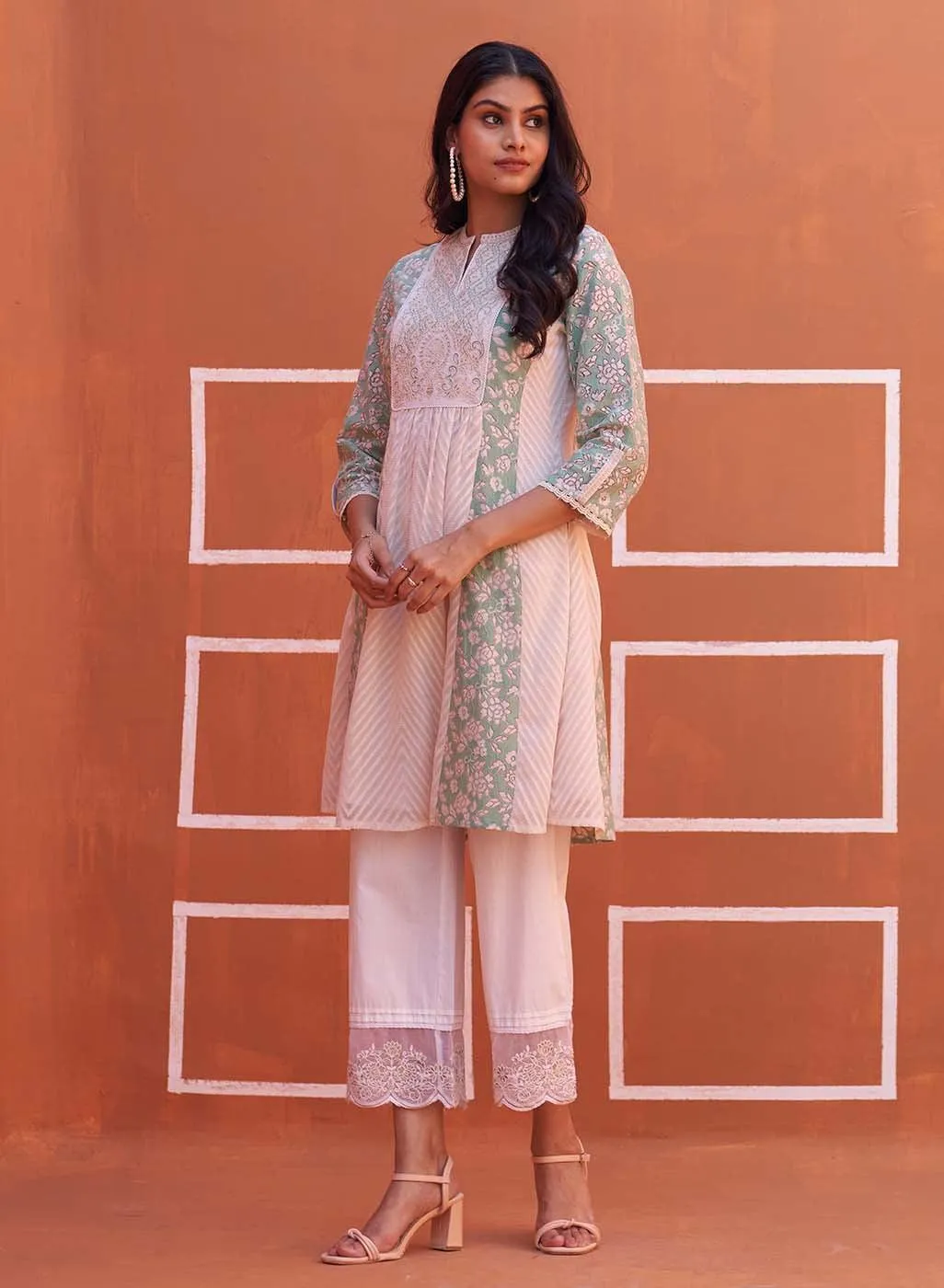 Green schiffli A-Line Kurta with Yoke Sequins Work