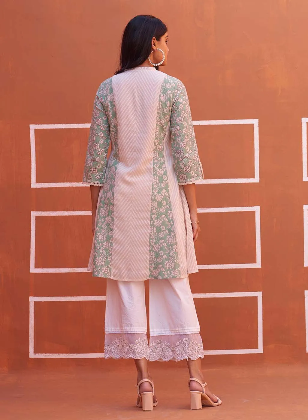 Green schiffli A-Line Kurta with Yoke Sequins Work