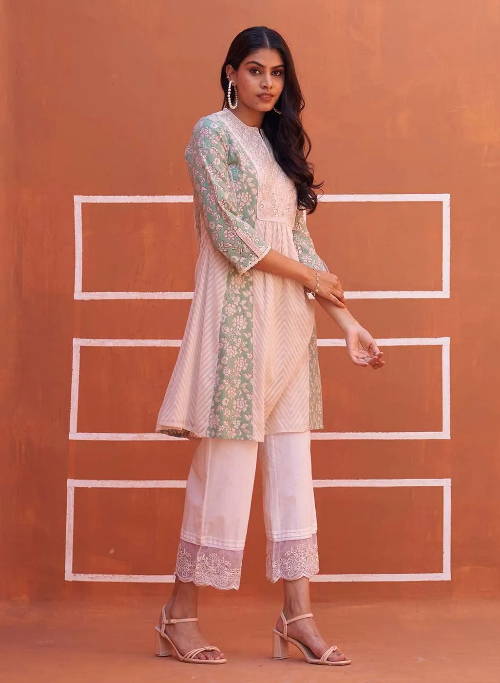 Green schiffli A-Line Kurta with Yoke Sequins Work