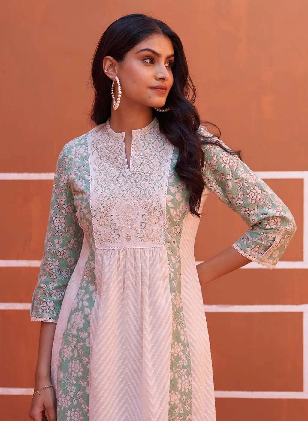 Green schiffli A-Line Kurta with Yoke Sequins Work