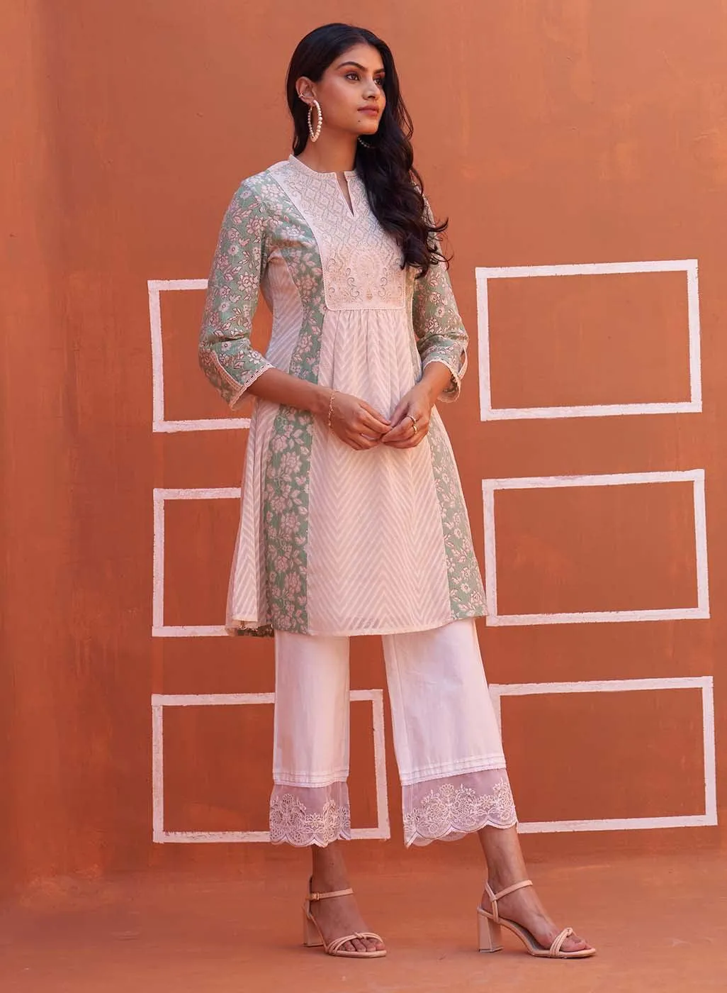 Green schiffli A-Line Kurta with Yoke Sequins Work