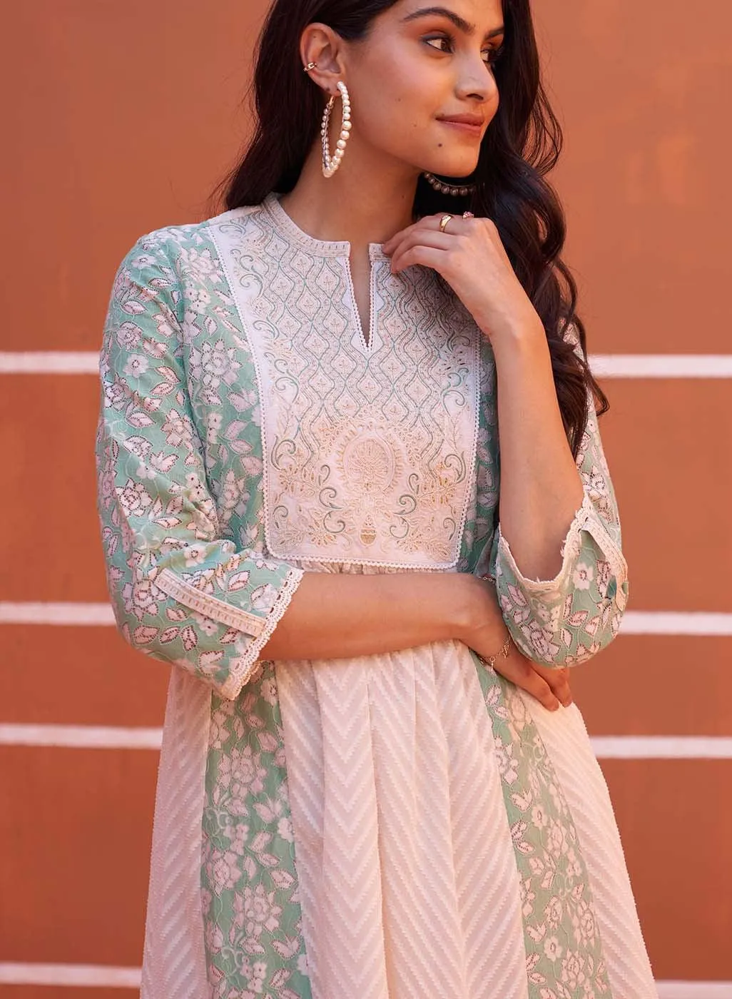 Green schiffli A-Line Kurta with Yoke Sequins Work