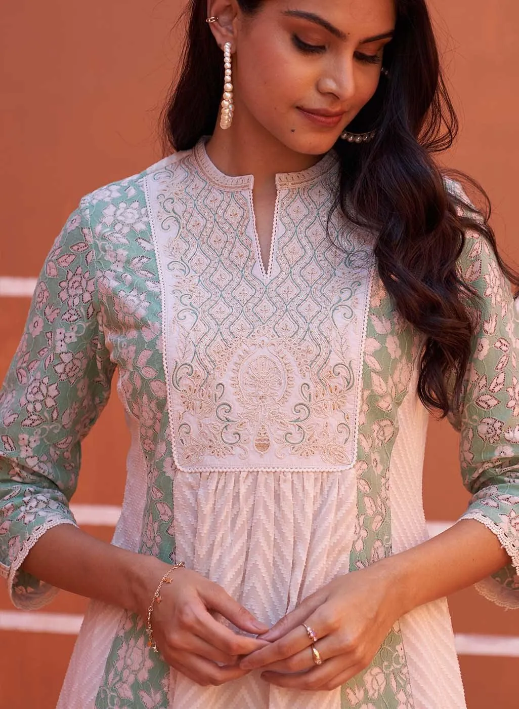 Green schiffli A-Line Kurta with Yoke Sequins Work