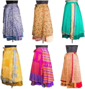 Indian Vintage Long Silk Wrap Skirts - Set of 5 Multicolored