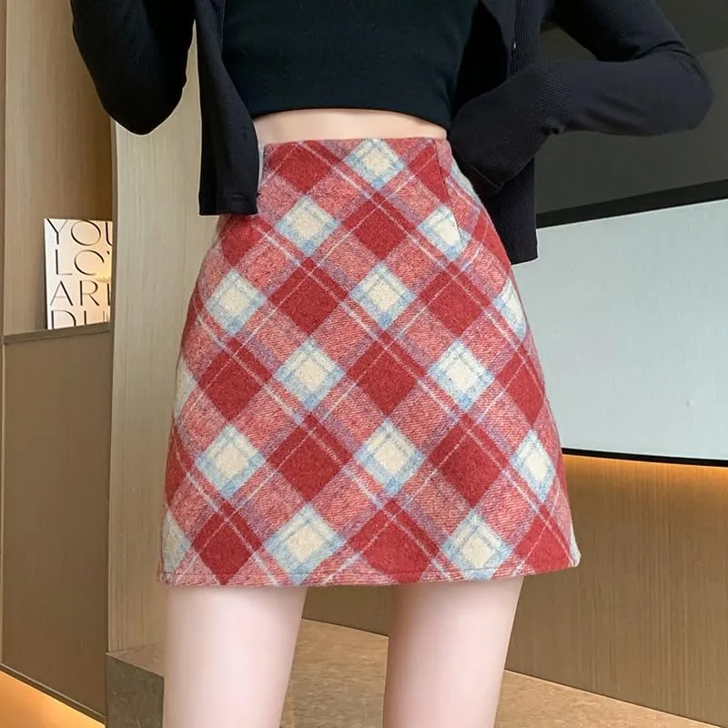 Islis Women's Wrap Wool Plaid Mini A Line Skirts Winter High Waisted Zipper Short Skirts