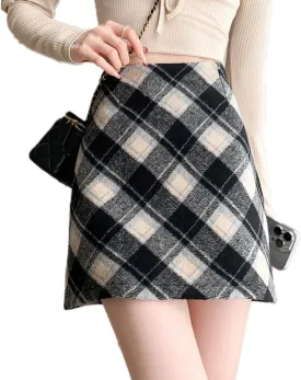 Islis Women's Wrap Wool Plaid Mini A Line Skirts Winter High Waisted Zipper Short Skirts