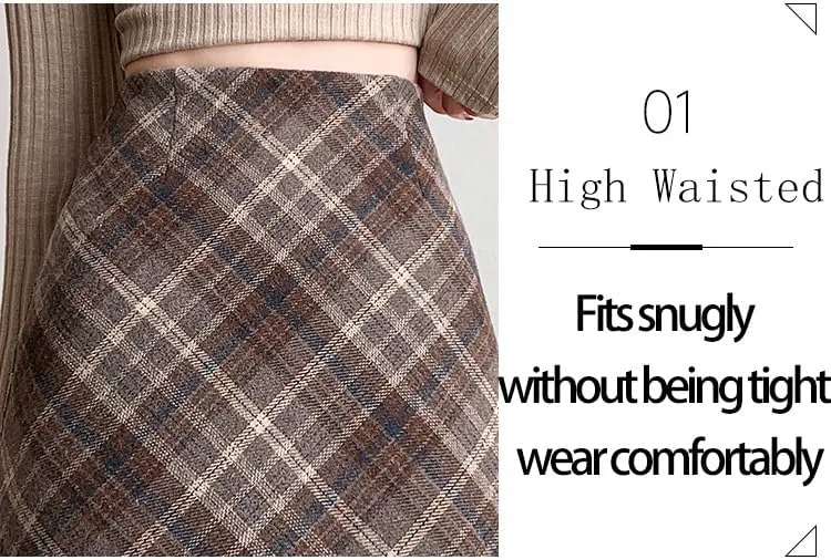 Islis Women's Wrap Wool Plaid Mini A Line Skirts Winter High Waisted Zipper Short Skirts