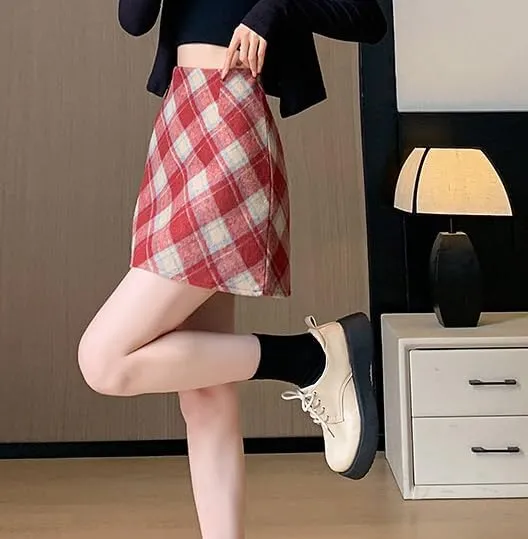 Islis Women's Wrap Wool Plaid Mini A Line Skirts Winter High Waisted Zipper Short Skirts